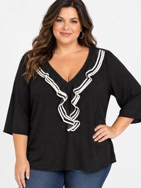 Belldini Womens Plus 3X Black White Ruffled Long Sleeve V Neck Shirt Top Blouse